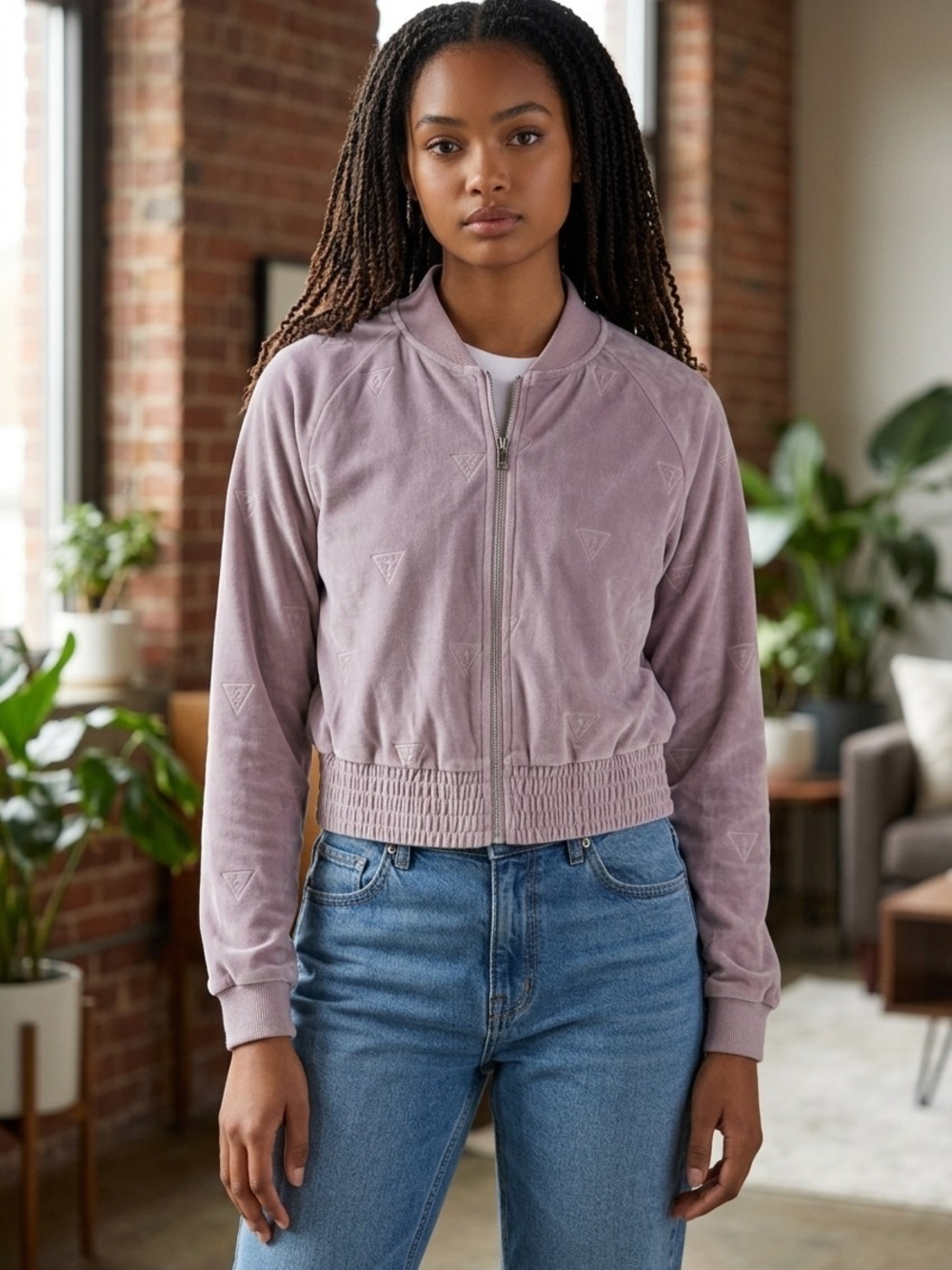 Guess Mauve Velour Cropoed Bomber Jacket